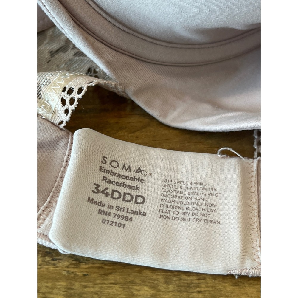 Soma Embraceable Racerback Lace Back Bra Mauve Pink 34DDD 012101